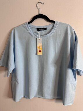 HUGOOME Light Blue Crop Top L Short Sleeve Stretch Casual Boxy Tee